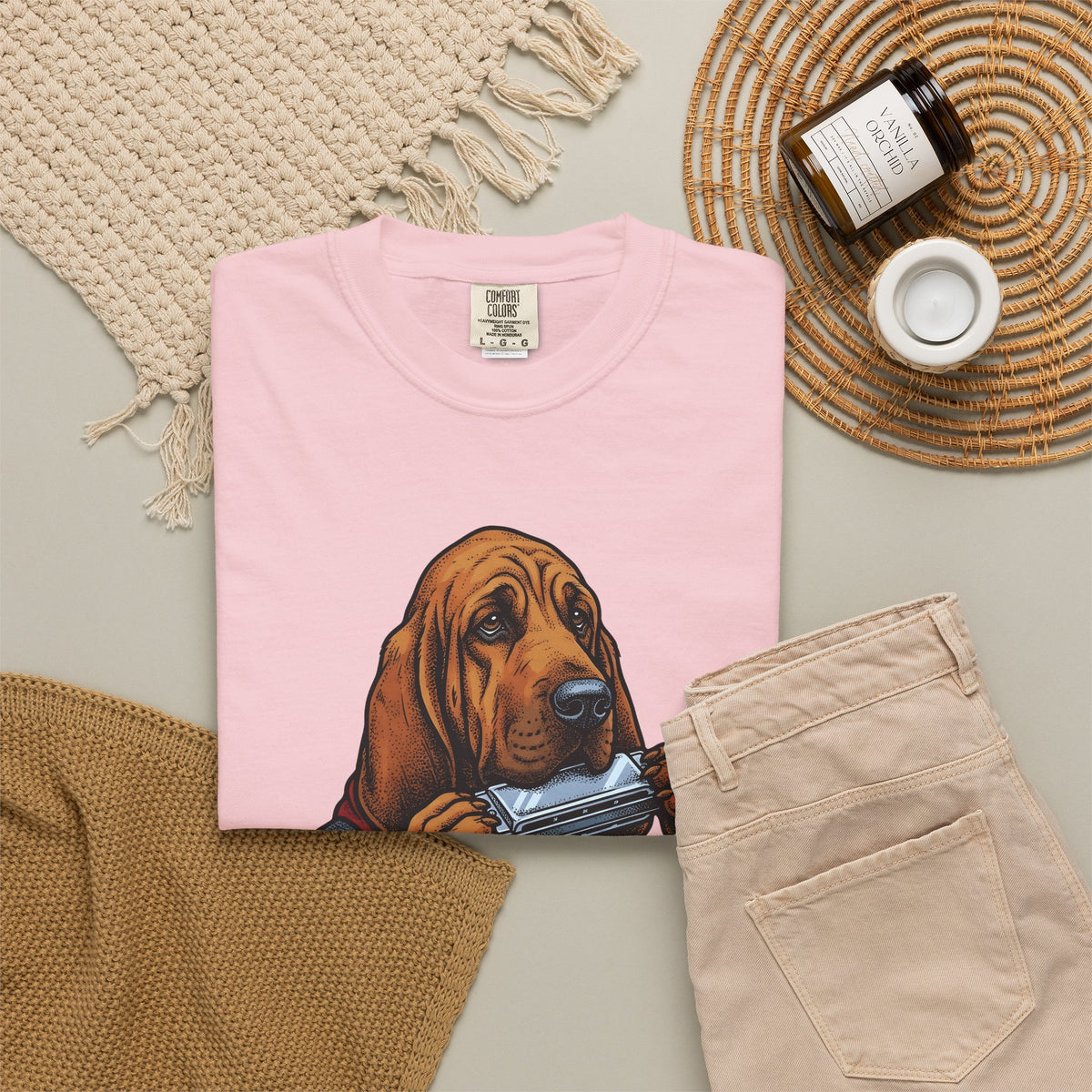 Bloodhound Canine T-Shirt Dog Songs Gift Women Rustic T-Shirt Hound T-Shirt Dog Fan Coonhound Graphic T-Shirt Cartoon Mouth Harp T-Shirt