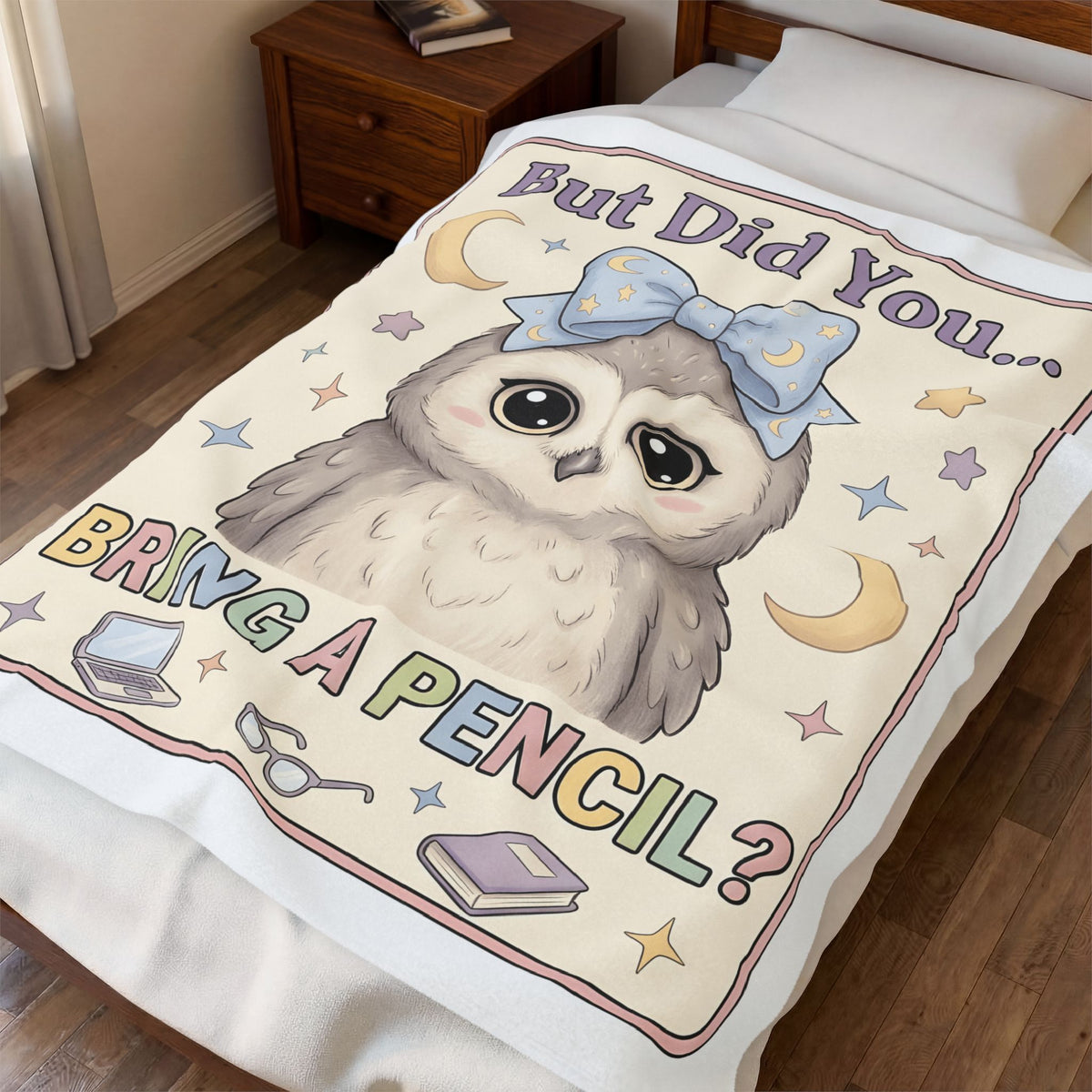 Owl Bow Blanket Teachers School Gift Women Kawaii Blanket Owl Blanket Educator Enthusiast Cute Blanket Classroom Graphic Pastel Laptop Blanket