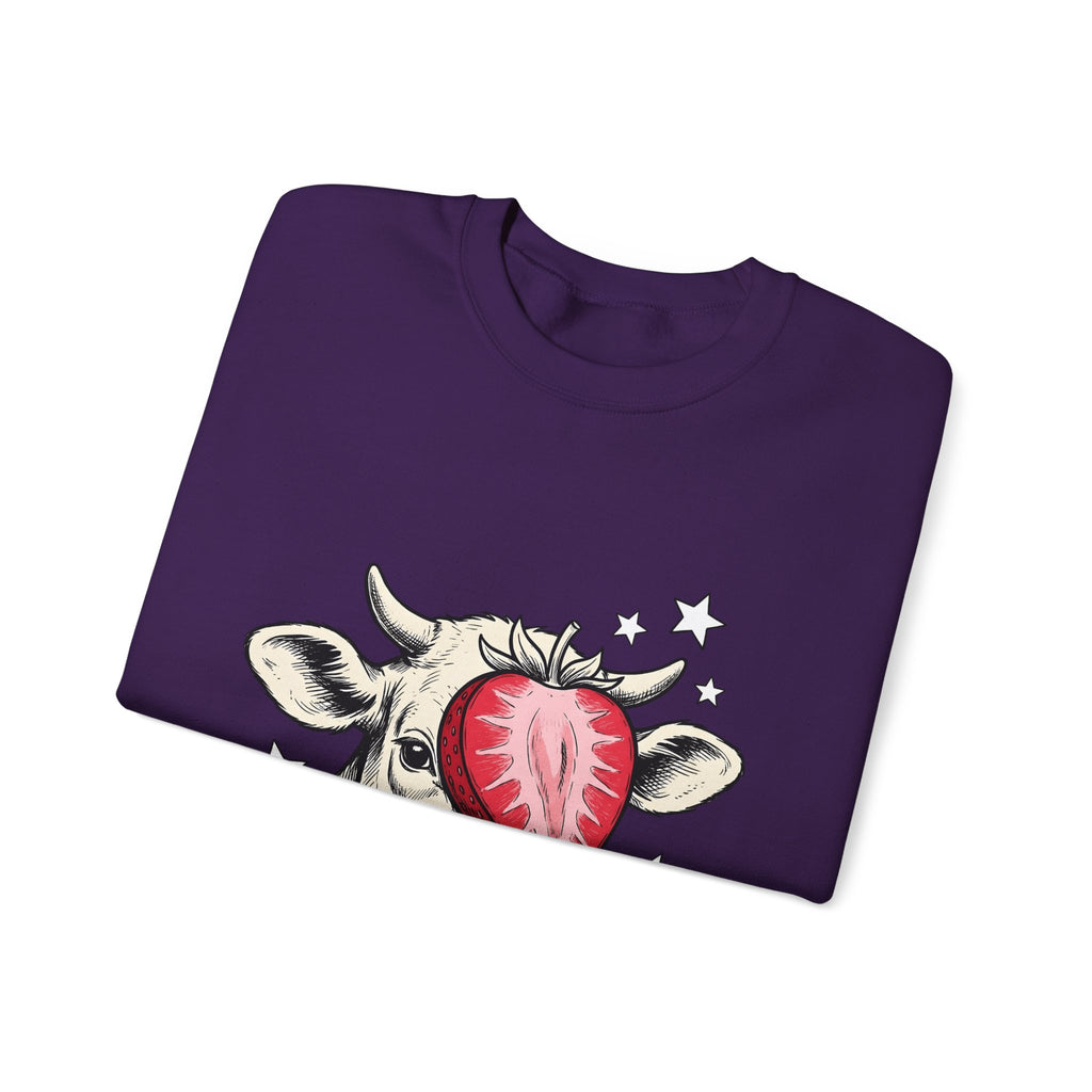 Cow Strawberry Sweatshirt Cute Animal Gift Women Hand Drawn Sweatshirt Cow Sweatshirt Adorable Fan Illustrated Sweatshirt Creature Graphic Whimsical Stars