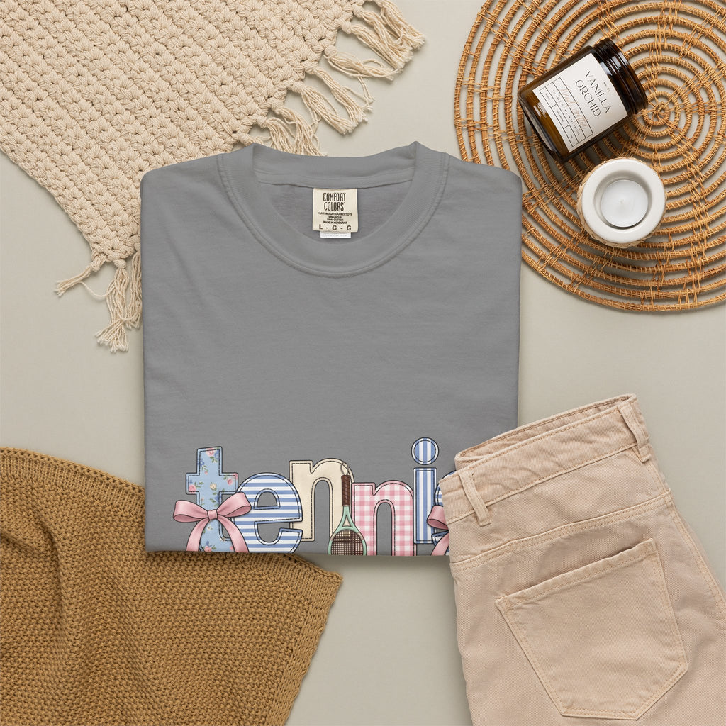 Tennis Racket T-Shirt Tennis Mom Sports Gift Women Cute T-Shirt Racquet T-Shirt Tennis Enthusiast Kawaii T-Shirt Athletic Graphic Retro Pink Bow