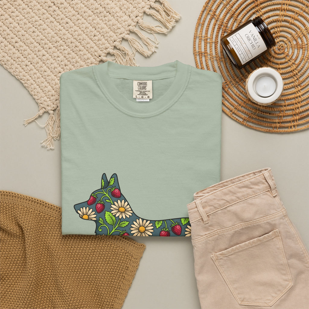 Corgi Blossom T-Shirt Dog Wildlife Gift Women Garden T-Shirt Puppy T-Shirt Dog Fan Animal Graphic Illustration T-Shirt Hand Drawn Fruit T-Shirt
