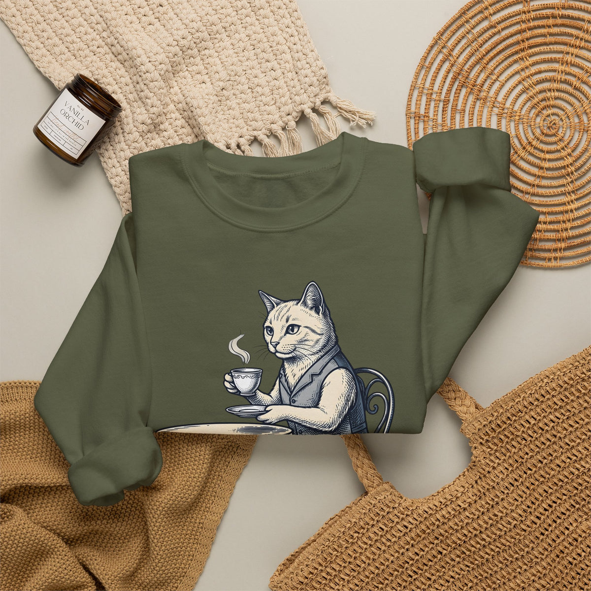 Cat Mocha Sweatshirt Coffee Creature Gift Women Nostalgic Sweatshirt Kitten Sweatshirt Coffee Fan Animal Graphic Doodle Café Bench Sweatshirt