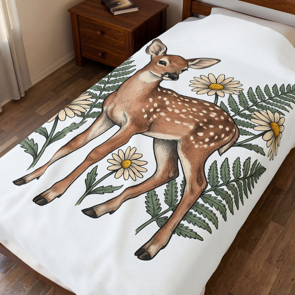 Deer Illustration Blanket Boho Chic Outdoor Gift Women Floral Blanket Fawn Blanket Bohemian Fan Botanical Blanket Wilderness Graphic Retro Flower