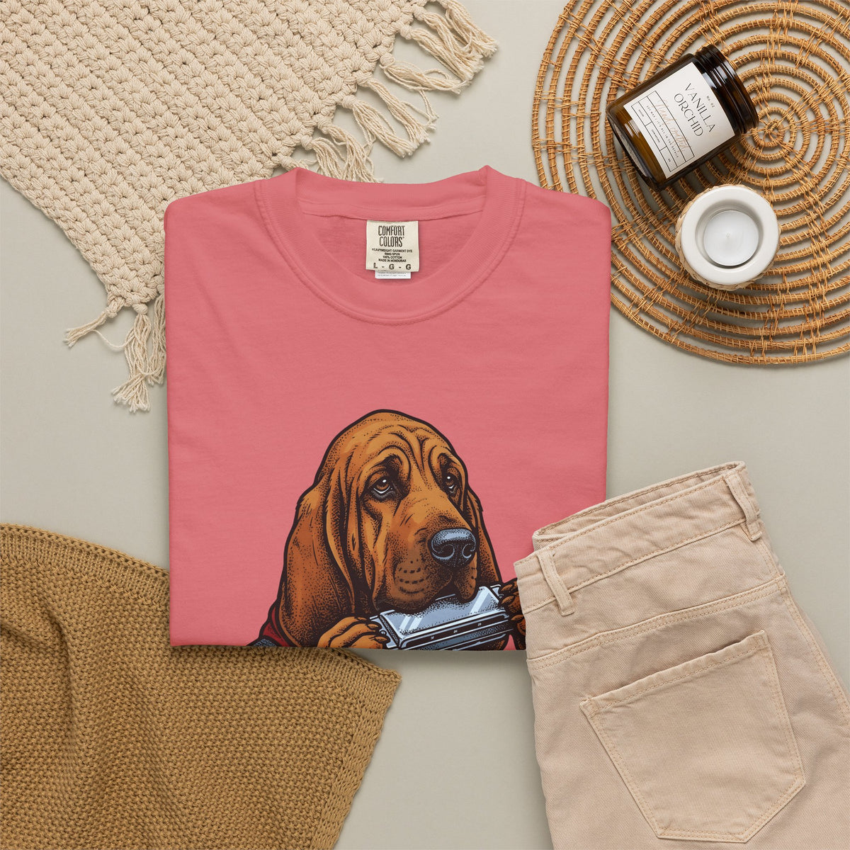 Bloodhound Canine T-Shirt Dog Songs Gift Women Rustic T-Shirt Hound T-Shirt Dog Fan Coonhound Graphic T-Shirt Cartoon Mouth Harp T-Shirt