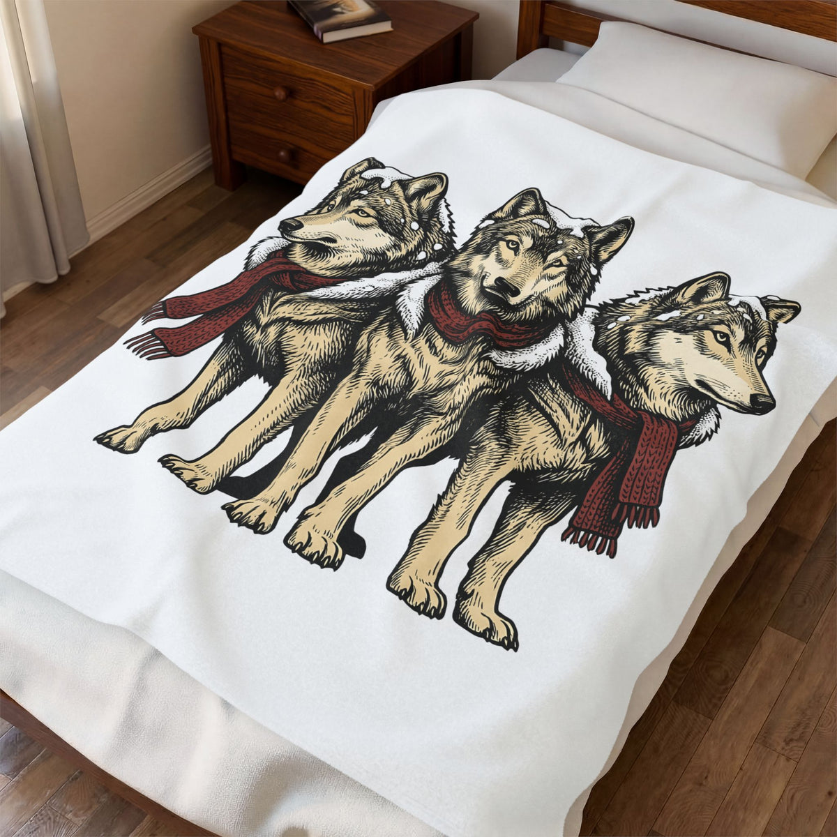 Wolf Trio Blanket Christmas Animal Gift Women Hand Drawn Blanket Pack Blanket Xmas Fan Illustrated Blanket Creature Graphic Vintage Scarf Blanket
