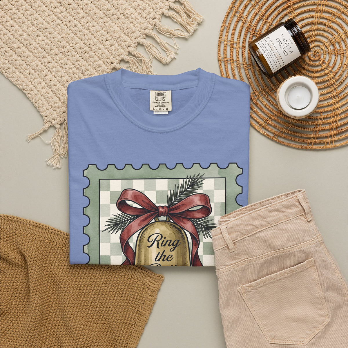 Festive Bell T-Shirt Christmas Seasonal Gift Women Retro T-Shirt Jingle Bell T-Shirt Christmas Fan Vintage T-Shirt Holiday Graphic Rustic Fir Twig