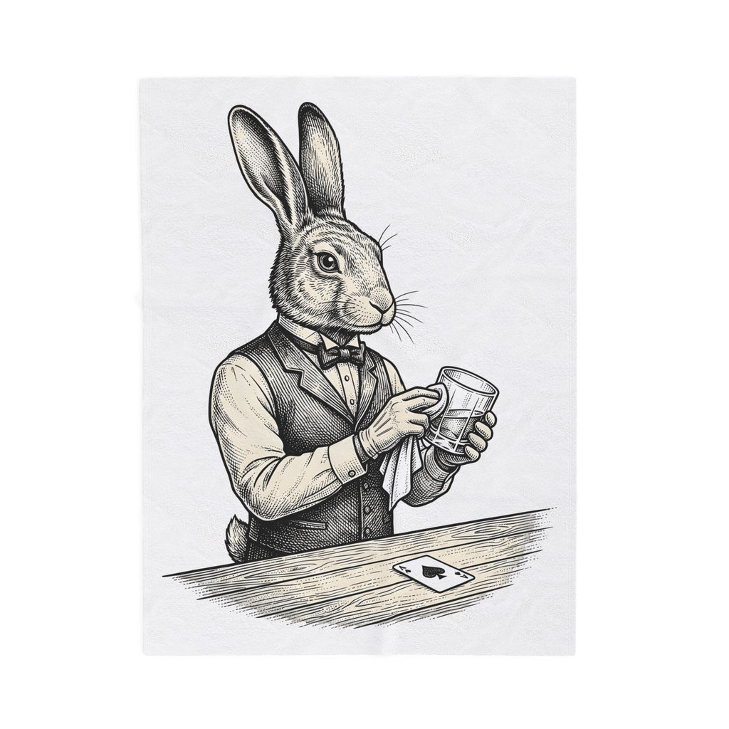 Rabbit Bartender Blanket Animal Bar Gift Women Vintage Blanket Bunny Blanket Pet Fan Retro Blanket Pub Graphic Hand Drawn Playing Card Blanket