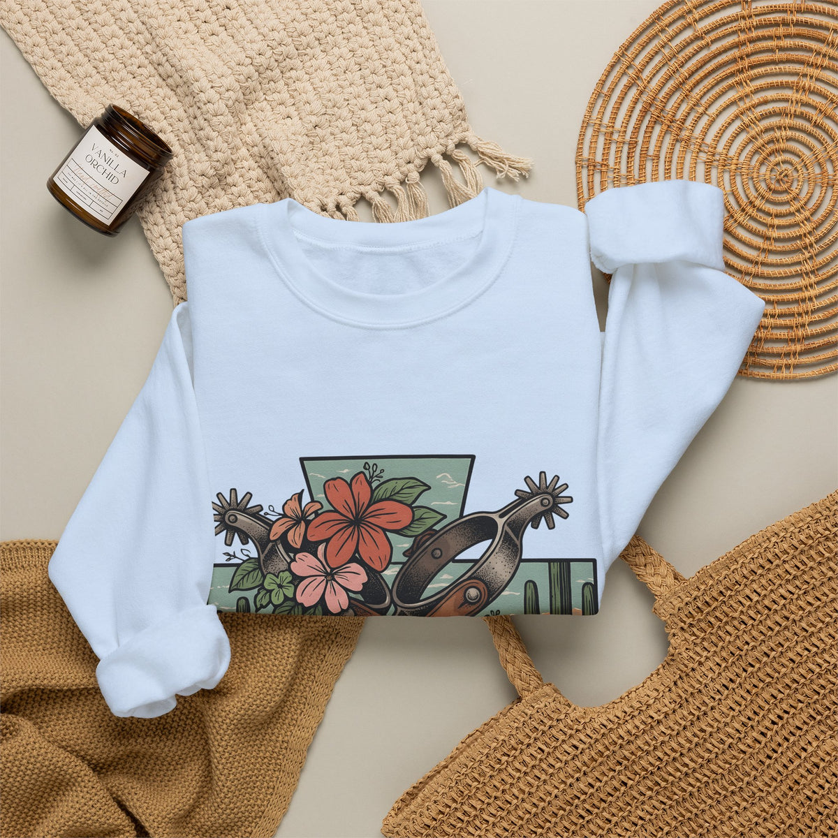 Leather Spurs Sweatshirt Cowgirl Garden Gift Women Tribal Sweatshirt Rowels Sweatshirt Cowboy Fan Primitive Sweatshirt Gardening Graphic Sketch Desert Plants