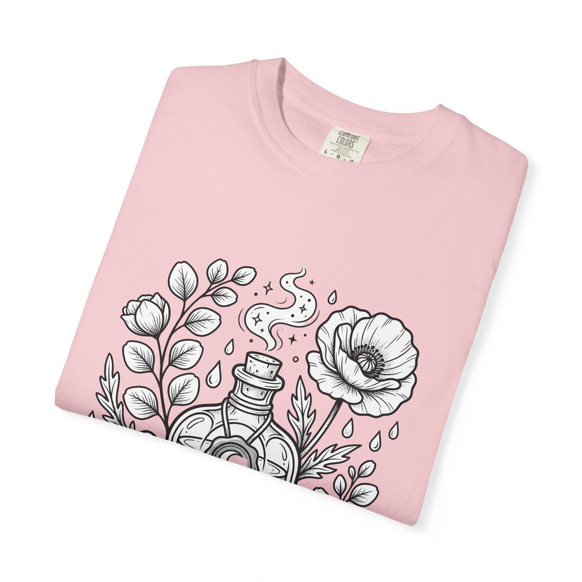 Magic Bottle T-Shirt Halloween Spells Gift Women Sketch T-Shirt Genie Bottle T-Shirt Horror Fan Mystic Drawing Graphic Retro Flower T-Shirt
