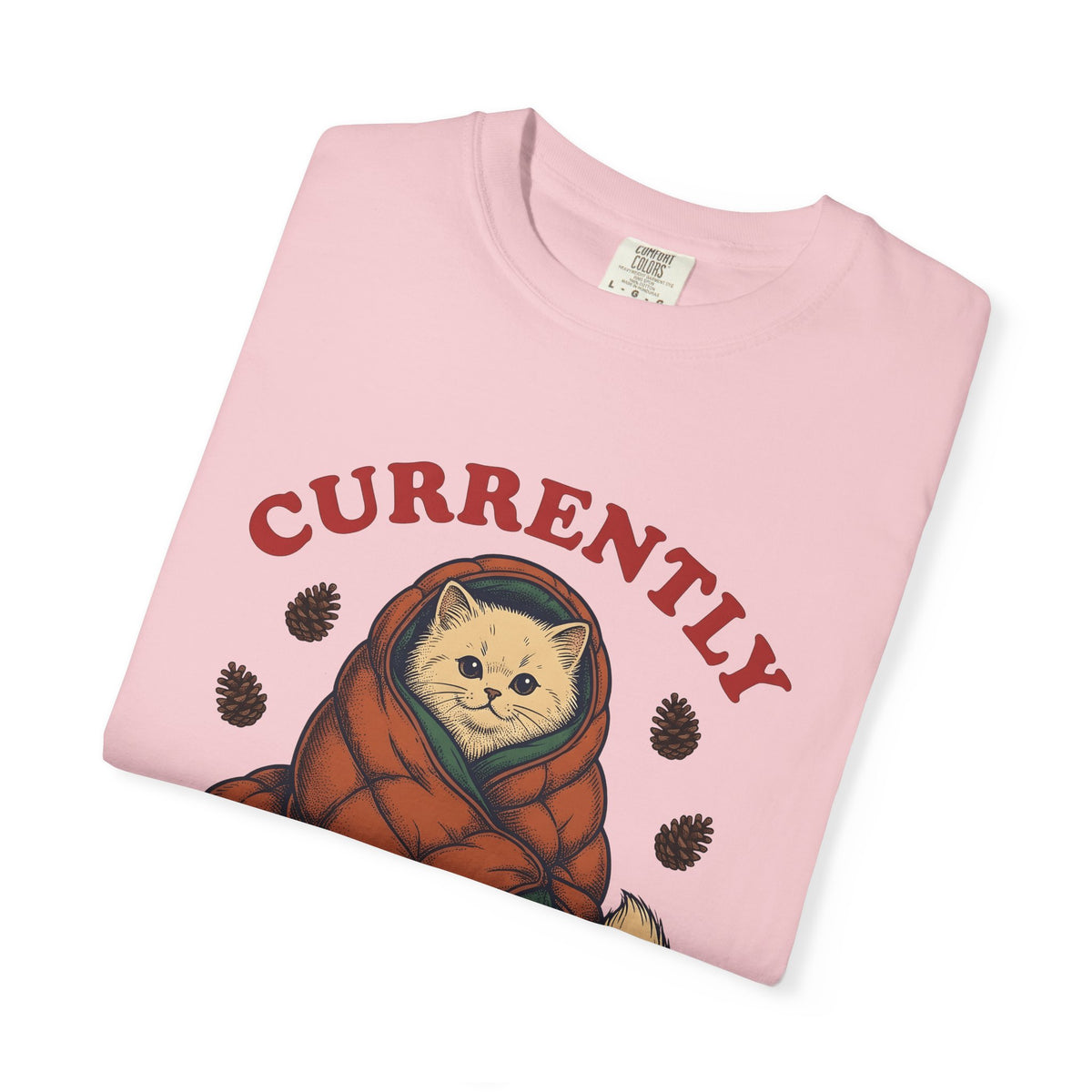 Warm Cat T-Shirt Cat Backpacking Gift Women Farmhouse T-Shirt Kitty T-Shirt Feline Fan Rustic T-Shirt Hiking Graphic Line Art Conifer Cones T-Shirt