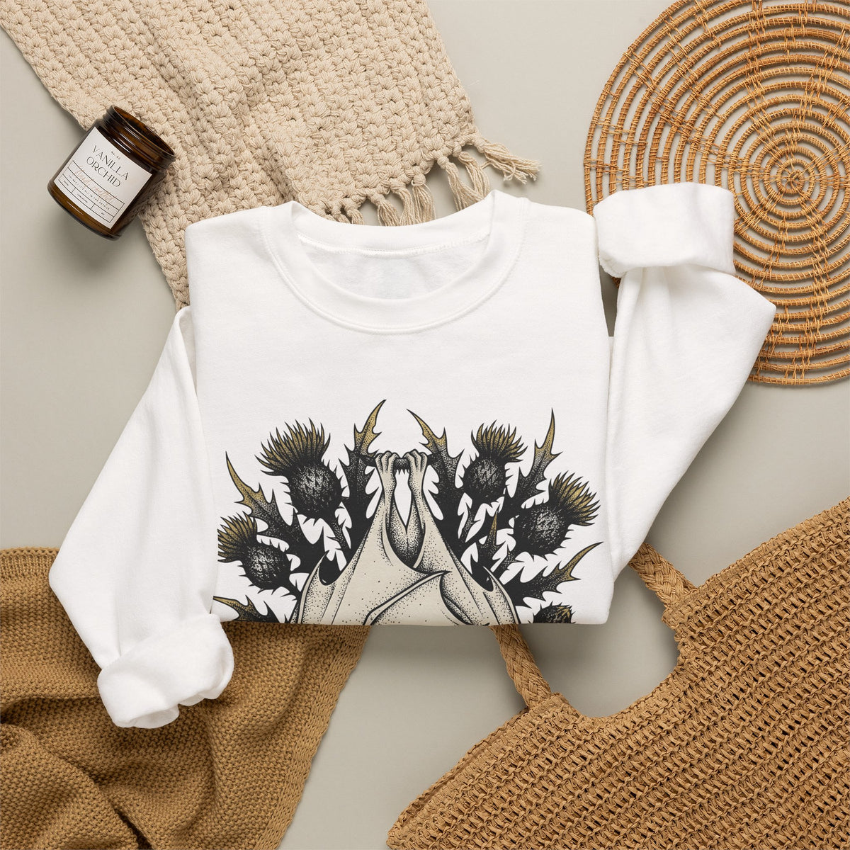 Bat Design Sweatshirt Halloween Greenery Gift Women Macabre Sweatshirt Bat Sweatshirt Horror Fan Dark Sweatshirt Foliage Graphic Sketch Bloom Sweatshirt
