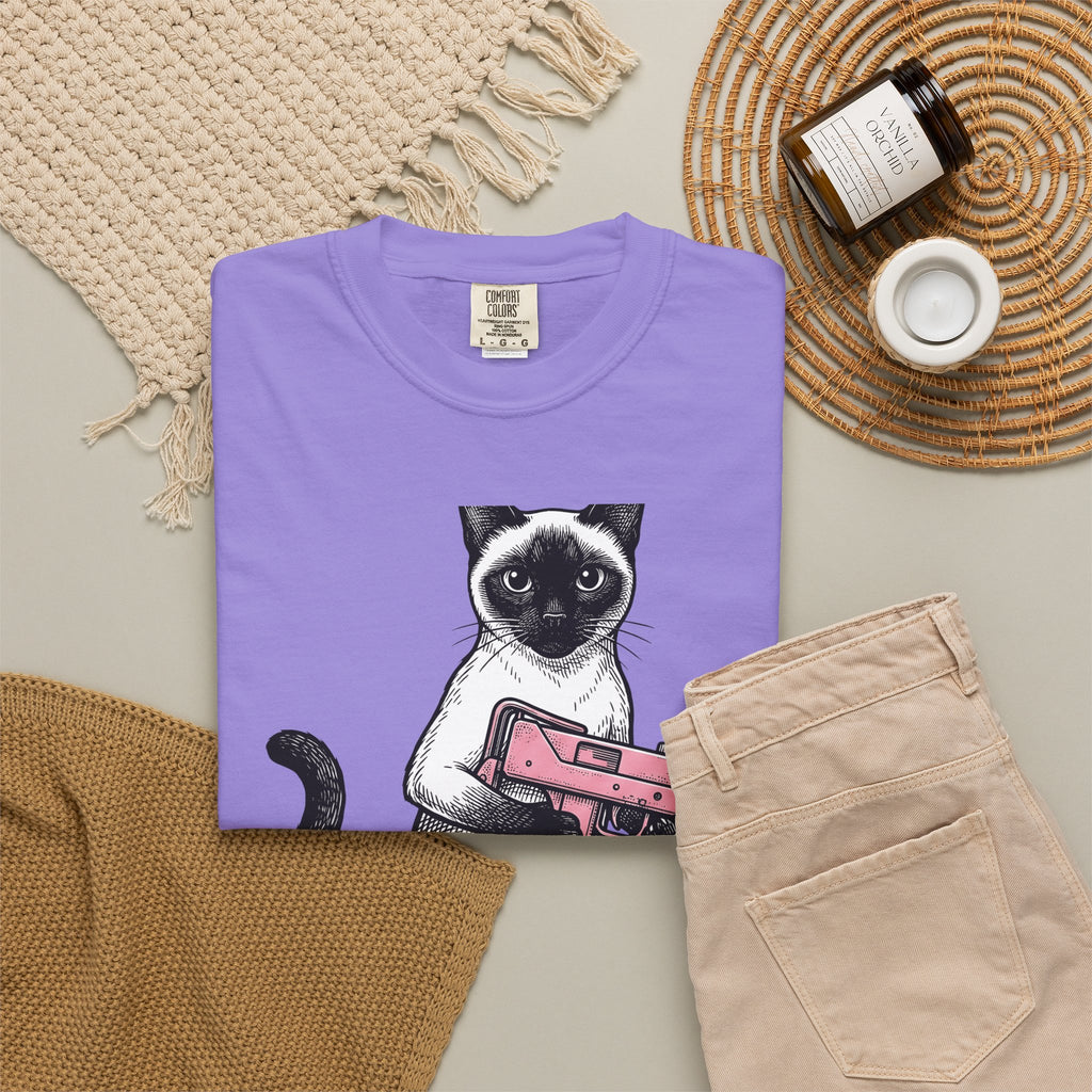 Siamese Cat T-Shirt Cat Humor Gift Women Hand Drawn T-Shirt Siamese T-Shirt Feline Fan Illustrated Graphic T-Shirt Vintage Toy Gun T-Shirt