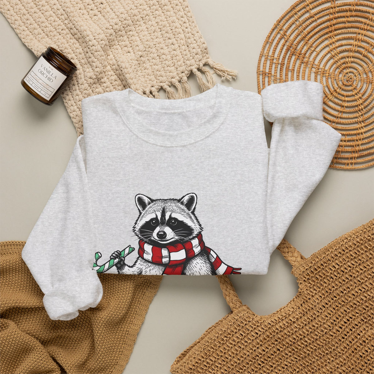 Raccoon Illustration Sweatshirt Animals Holiday Gift Women Sketch Sweatshirt Trash Panda Sweatshirt Wildlife Fan Drawing Graphic Christmas Retro Peppermint