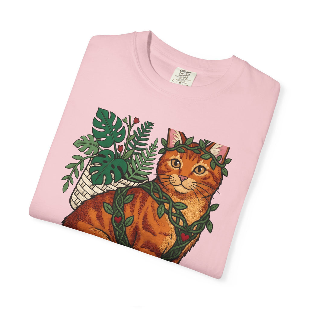 Ginger Cat T-Shirt Cat Wildlife Gift Women Floral T-Shirt Orange Cat T-Shirt Cat Fan Feline Graphic T-Shirt Sketch Indoor Plants T-Shirt