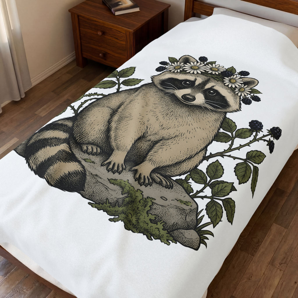 Raccoon Blossom Crown Blanket Animal Greenery Gift Women Natural Blanket Raccoon Crown Blanket Wildlife Fan Botanical Blanket Foliage Graphic Hand