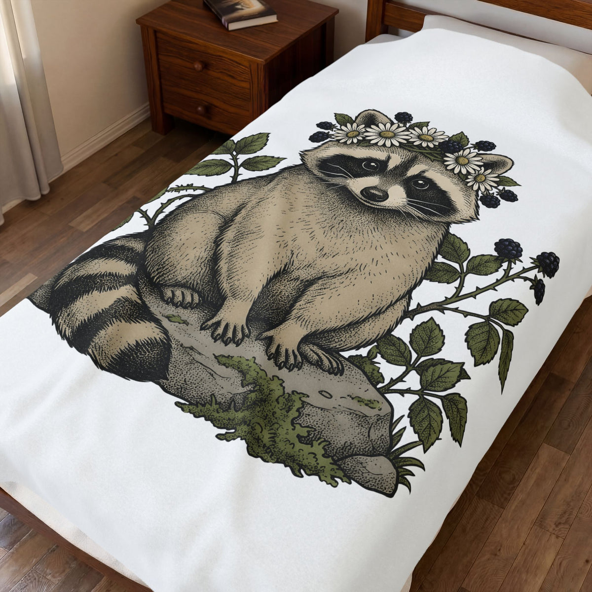 Raccoon Blossom Crown Blanket Animal Greenery Gift Women Natural Blanket Raccoon Crown Blanket Wildlife Fan Botanical Blanket Foliage Graphic Hand