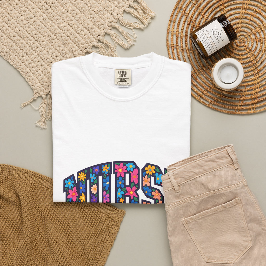 Blossom Lettering T-Shirt Nurse Thanks Gift Women Striking T-Shirt Calligraphy T-Shirt Healthcare Enthusiast Bold T-Shirt Appreciation Graphic
