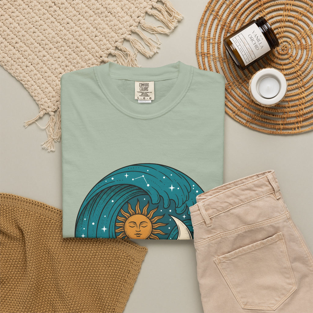 Sun Moon Sea Celestial Horoscope Gift Folk Ocean Astrology Enthusiast Bohemian Zodiac Rustic Star T-Shirt