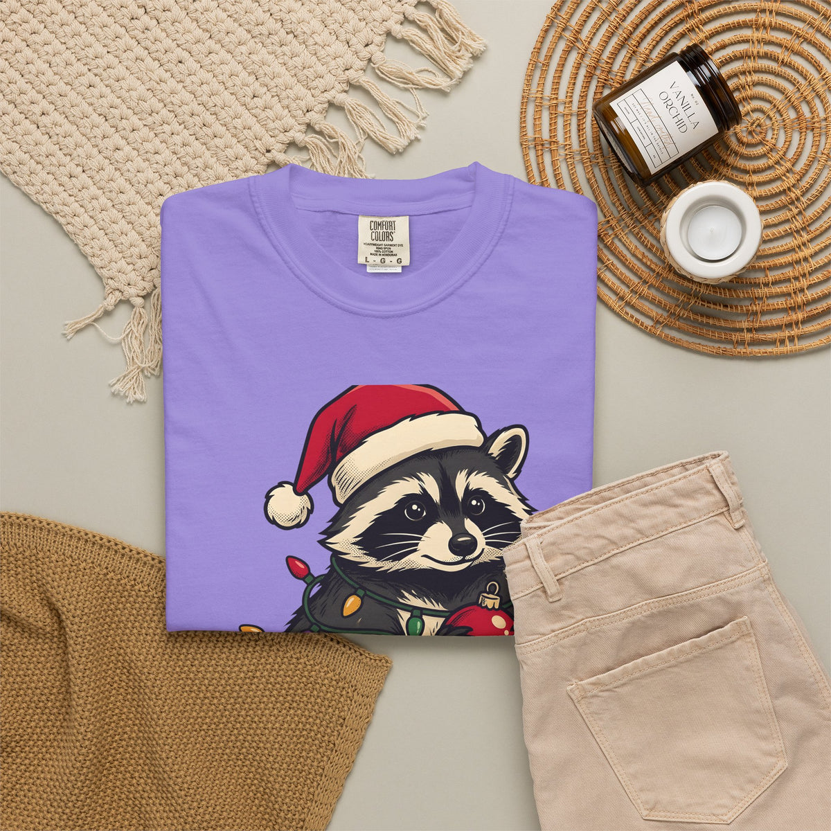 Raccoon Holiday Hat T-Shirt Christmas Creatures Gift Women Comic T-Shirt Trash Panda T-Shirt Xmas Fan Cartoon T-Shirt Animal Graphic Line Art