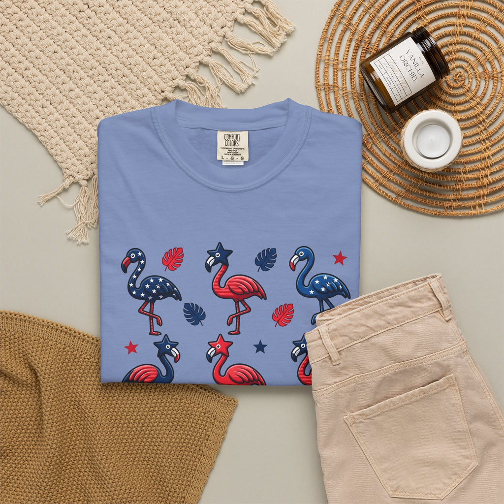 Flag Flamingo T-Shirt 4th Of July Holiday Gift Women Cartoonish T-Shirt Flamingo T-Shirt Independence Day Fan Retro T-Shirt Celebration Graphic Old