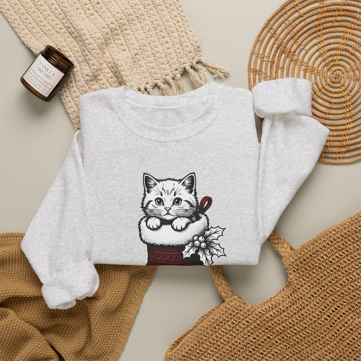 Kitten Stocking Sweatshirt Cat Christmas Gift Women Vintage Sweatshirt Christmas Stocking Sweatshirt Cat Fan Retro Sweatshirt Winter Graphic