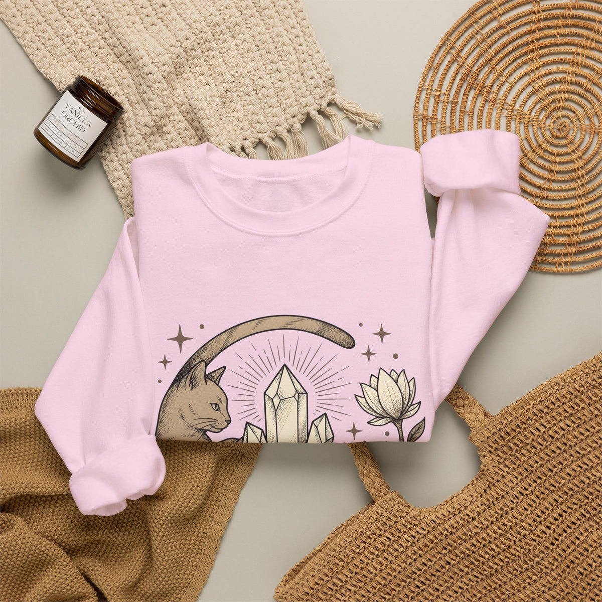 Kitty Stone Sweatshirt Cat Esoteric Gift Women Bohemian Sweatshirt Cat Sweatshirt Cat Fan Mystical Graphic Classic Lotus Blossom Sweatshirt