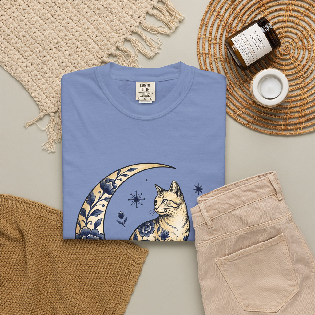 Flower Kitty T-Shirt Cat Astrology Gift Women Hippie T-Shirt Kitty Cat T-Shirt Cat Fan Zodiac Graphic T-Shirt Retro Half Moon T-Shirt