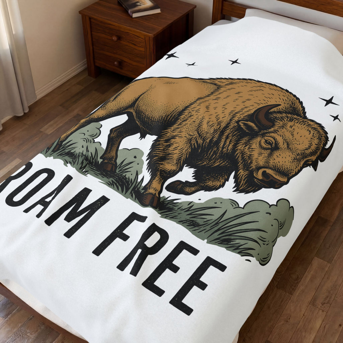 Buffalo Art Blanket Animal Environment Gift Women Rustic Blanket Bison Blanket Wildlife Fan Primitive Blanket Eco Graphic Line Art Star Symbols