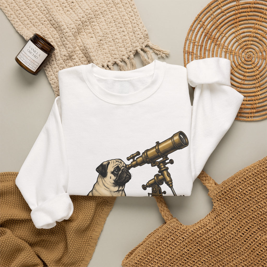 Pug Puppy Sweatshirt Dog Space Gift Women Retro Sweatshirt Puppy Sweatshirt Dog Fan Canine Sweatshirt Vintage Graphic Astronomy Illustration Sketch Binoculars