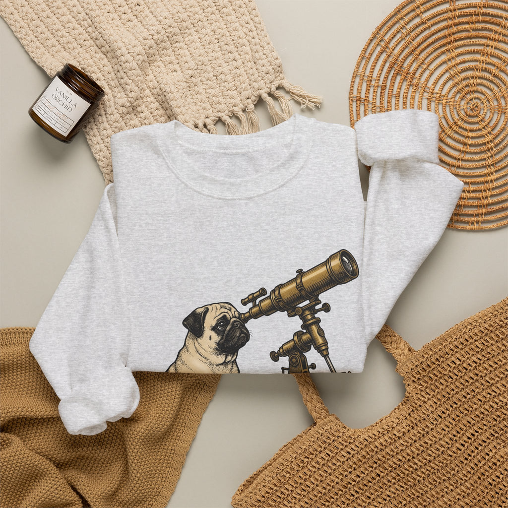Pug Puppy Sweatshirt Dog Space Gift Women Retro Sweatshirt Puppy Sweatshirt Dog Fan Canine Sweatshirt Vintage Graphic Astronomy Illustration Sketch Binoculars
