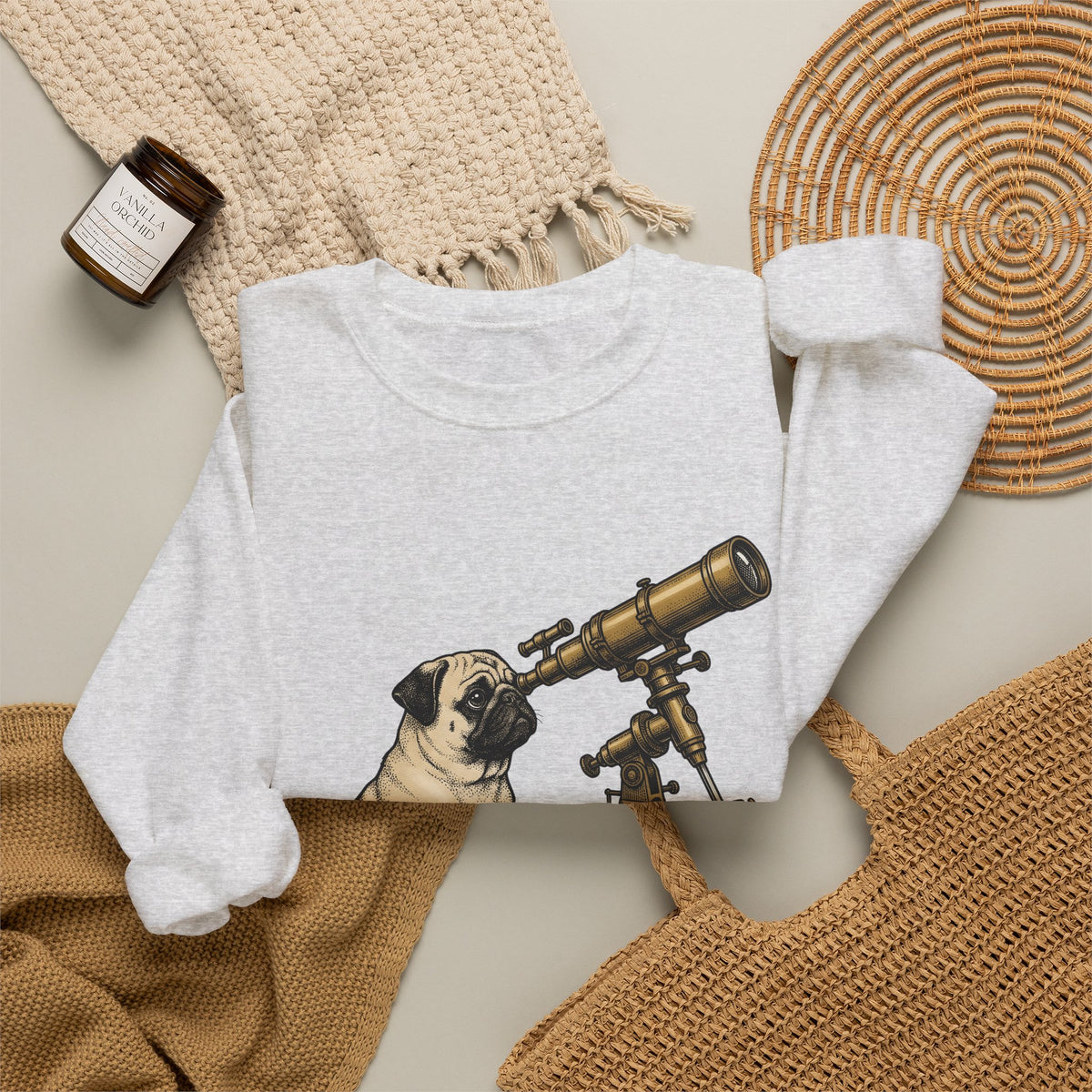 Pug Puppy Sweatshirt Dog Space Gift Women Retro Sweatshirt Puppy Sweatshirt Dog Fan Canine Sweatshirt Vintage Graphic Astronomy Illustration Sketch Binoculars