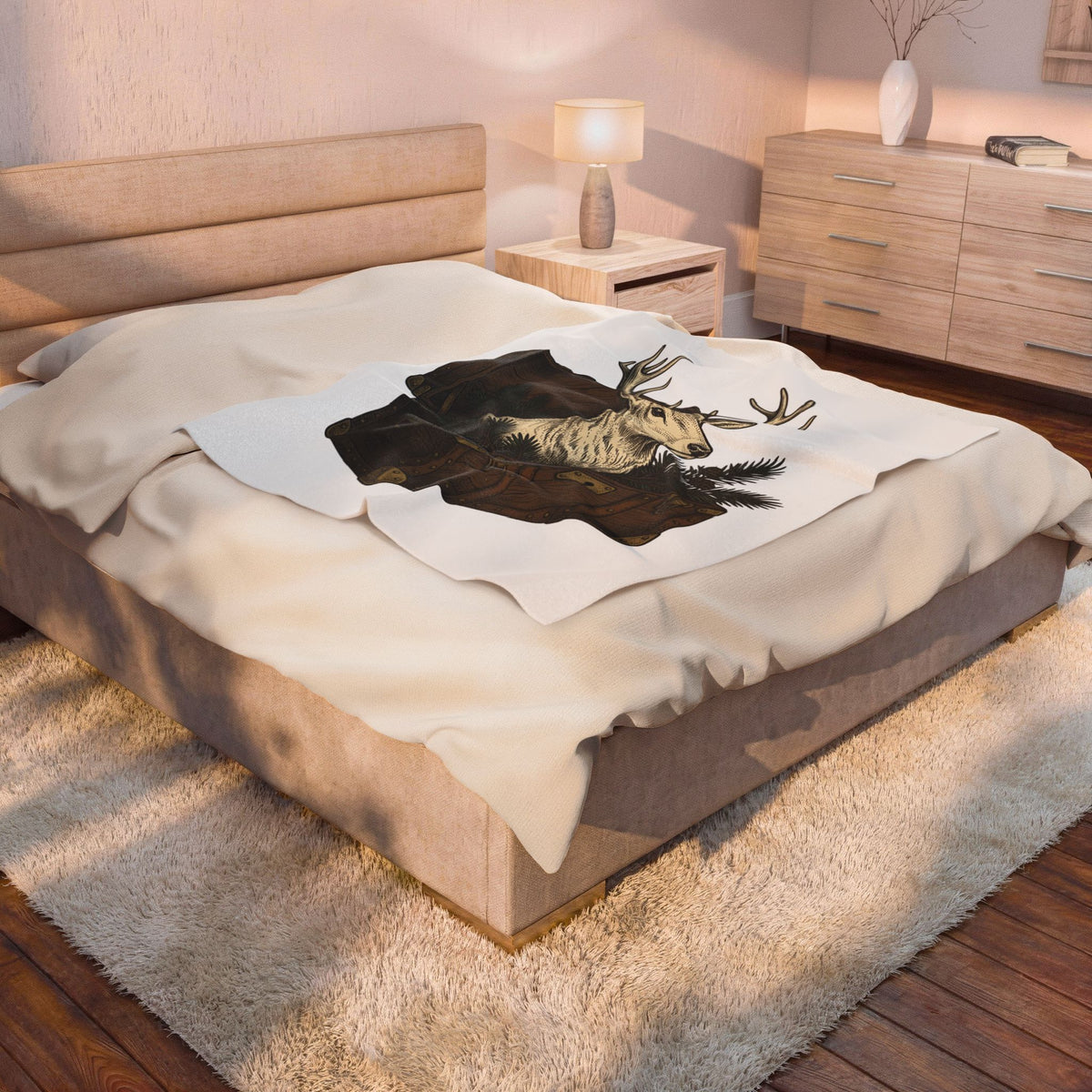 Deer Chest Blanket Woodland Animal Gift Women Hand Drawn Blanket Fawn Blanket Forest Fan Illustrated Graphic Blanket Vintage Pine Branches Blanket