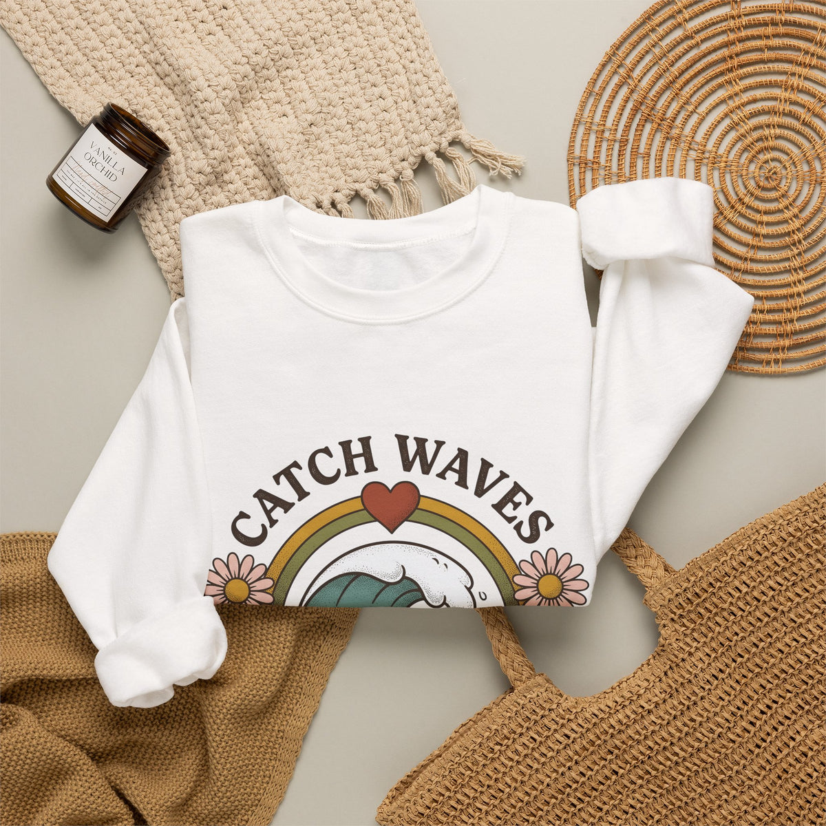Happy Wave Sweatshirt Sports Beach Gift Women Vintage Sweatshirt Wave Sweatshirt Athlete Fan Surf Graphic Sweatshirt Hand Drawn Wildflowers Sweatshirt