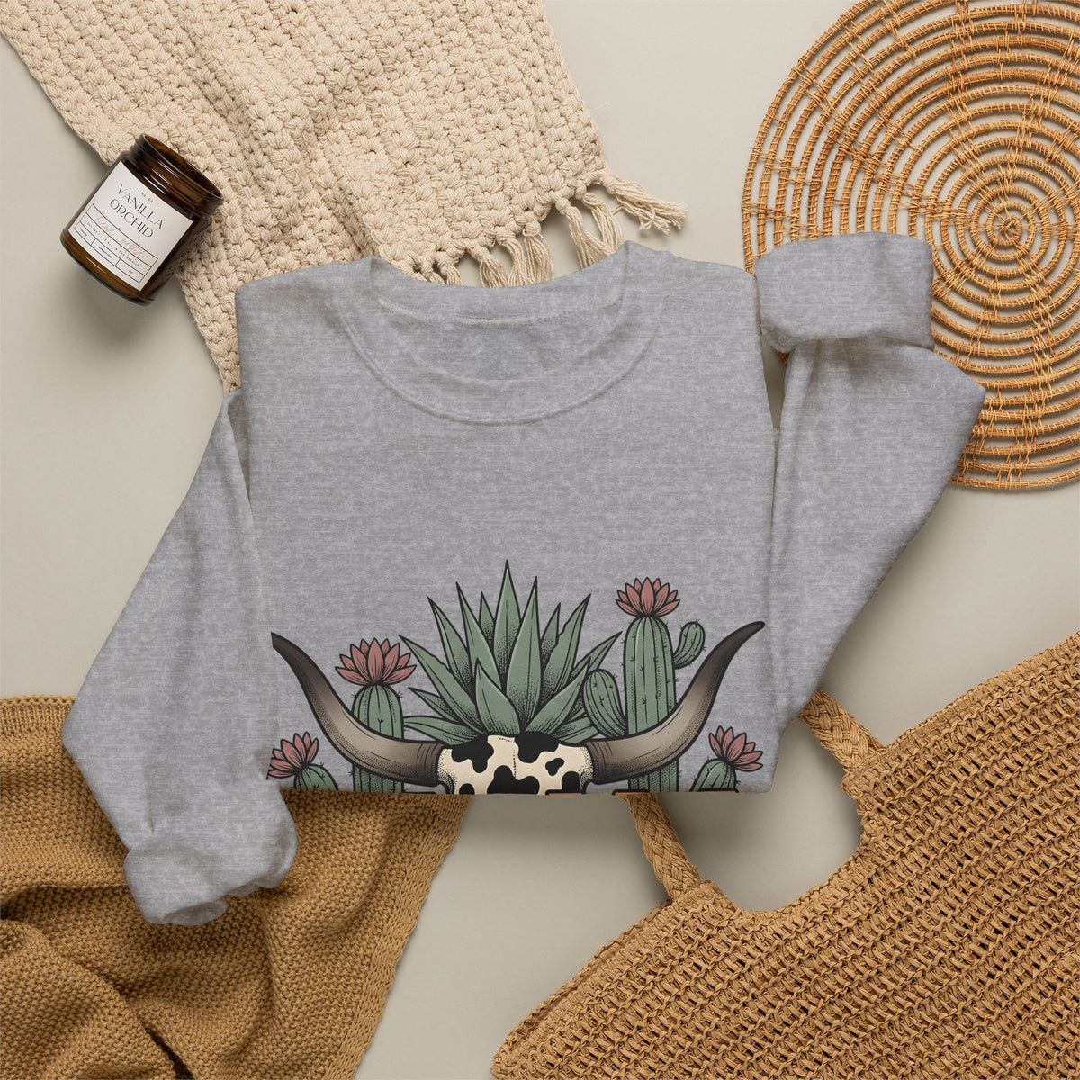 Longhorn Skull Cactus Sweatshirt Moms Plains Gift Women Native Sweatshirt Cactus Sweatshirt Mother Fan Tribal Sweatshirt Prairie Graphic Line Art Desert Plant