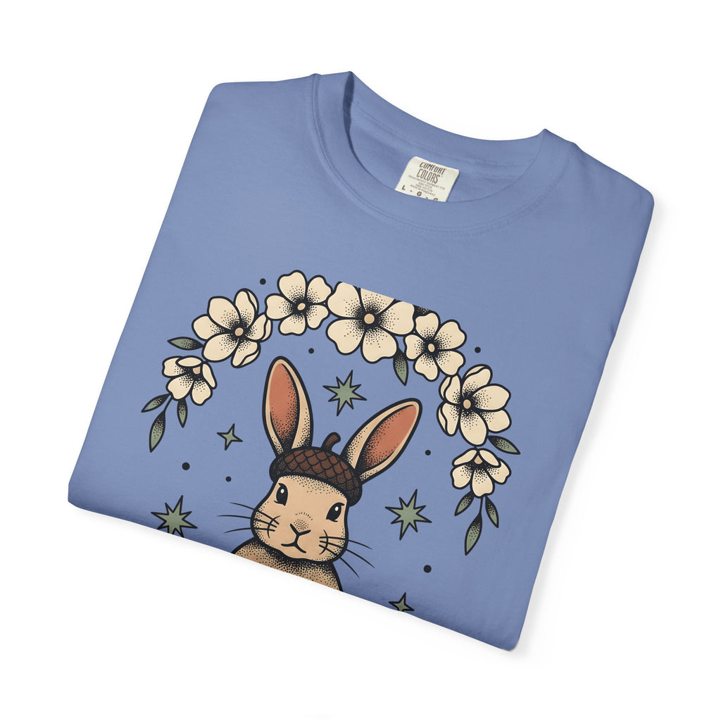 Peaceful Hare T-Shirt Yoga Critter Gift Women Folk T-Shirt Rabbit T-Shirt Yoga Enthusiast Folk Art T-Shirt Animal Graphic Line Art Garden Loop