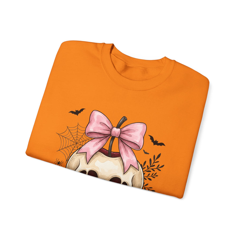 Skeleton Apple Sweatshirt Halloween Scary Gift Women Horror Sweatshirt Bone Sweatshirt Spooky Fan Macabre Sweatshirt Frightful Graphic Hand Drawn Pink Hair Bow