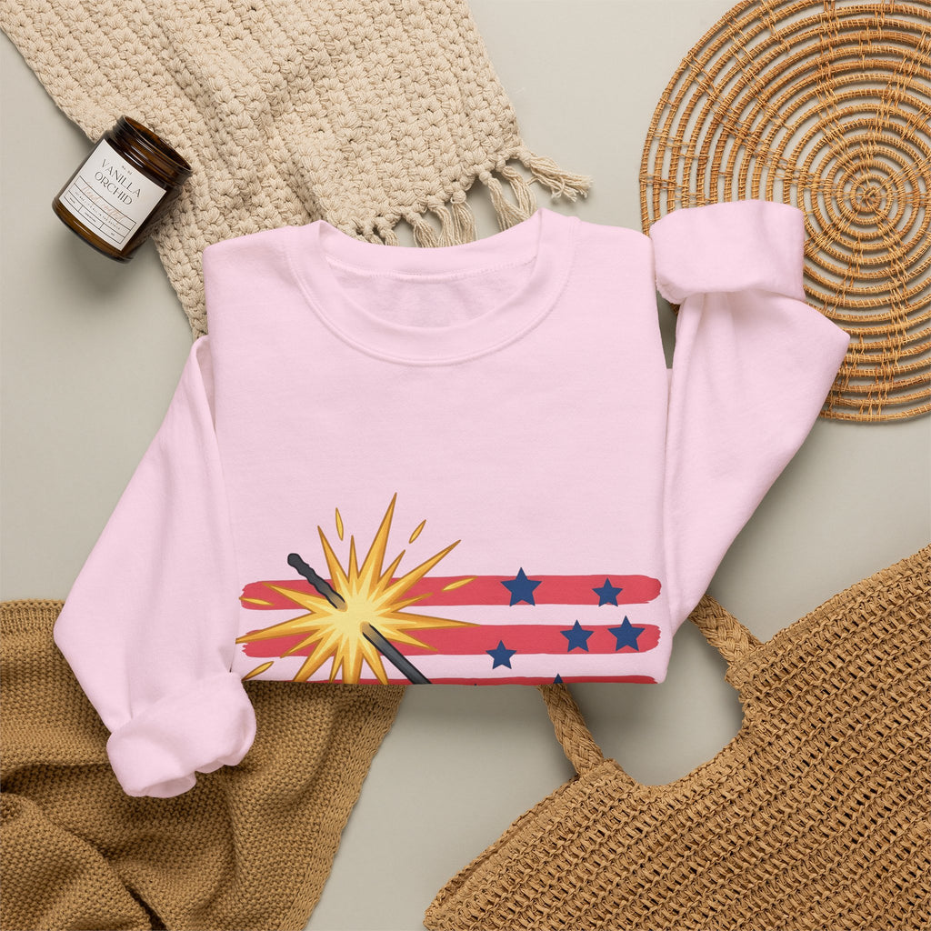 Sparkler Flag Sweatshirt 4th Of July Celebration Gift Women Patriotic Sweatshirt Wave Banner Sweatshirt Independence Day Fan American Sweatshirt Party Graphic