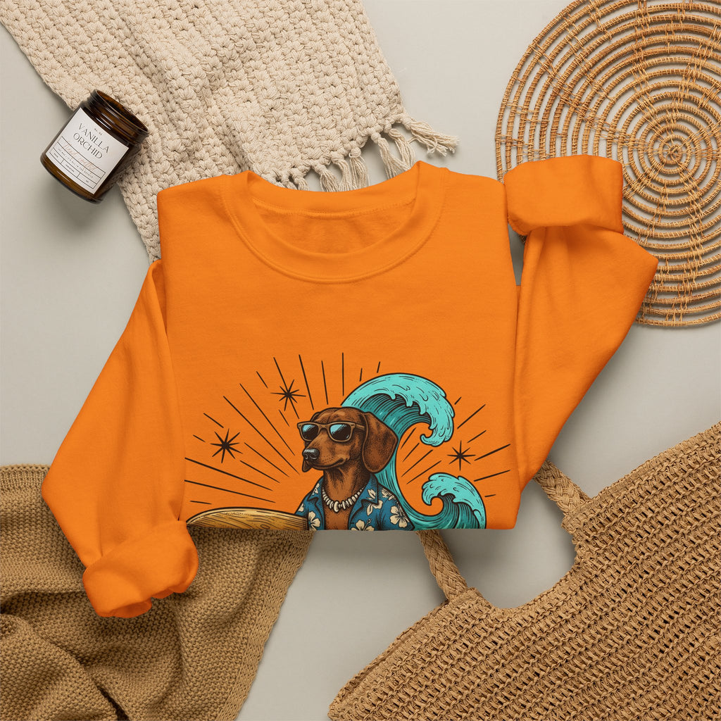 Dachshund Surfer Sweatshirt Dog Holiday Gift Women Animated Sweatshirt Wiener Dog Sweatshirt Dog Fan Cartoon Sweatshirt Vacation Graphic Retro Surfboard Sweatshirt