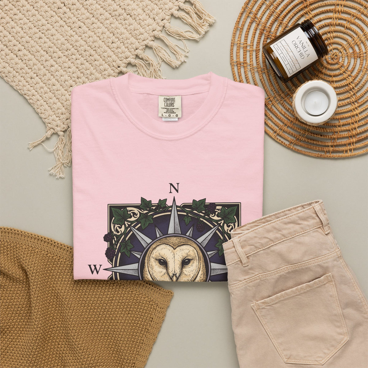 Owl Compass T-Shirt Boho Chic Wilderness Gift Women Enchanting T-Shirt Owl T-Shirt Bohemian Fan Mystical T-Shirt Wilderness Graphic Classic Leaf