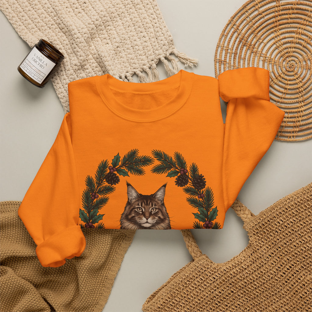 Maine Coon Kitten Sweatshirt Cat Holiday Gift Women Floral Sweatshirt Kitten Sweatshirt Cat Fan Fancy Sweatshirt Christmas Graphic Retro Pine Twigs Sweatshirt