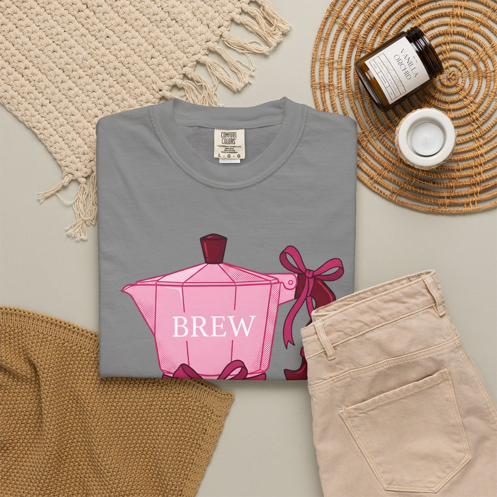 Moka Pot T-Shirt Coffee Foodie Gift Women Cute T-Shirt Stovetop Coffee T-Shirt Coffee Fan Cute T-Shirt Food Graphic Hand Drawn Bow T-Shirt