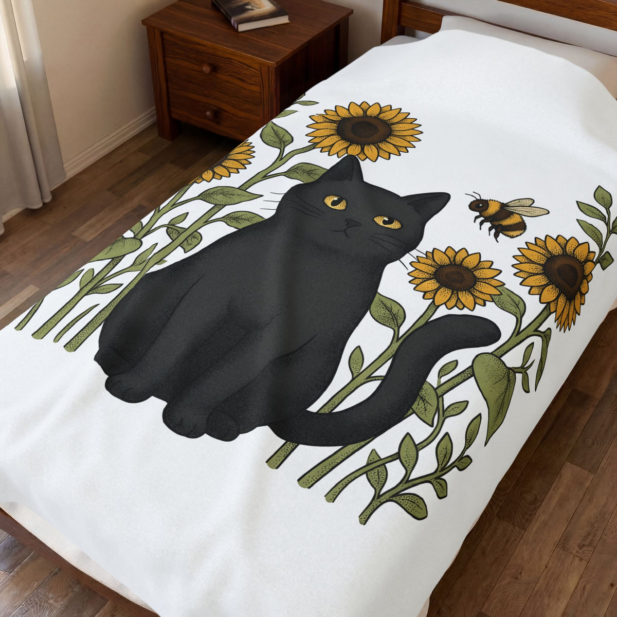 Dark Cat Blanket Boho Chic Garden Gift Women Line Art Blanket Black Cat Blanket Bohemian Fan Minimalist Blanket Gardening Graphic Cartoon Yellow