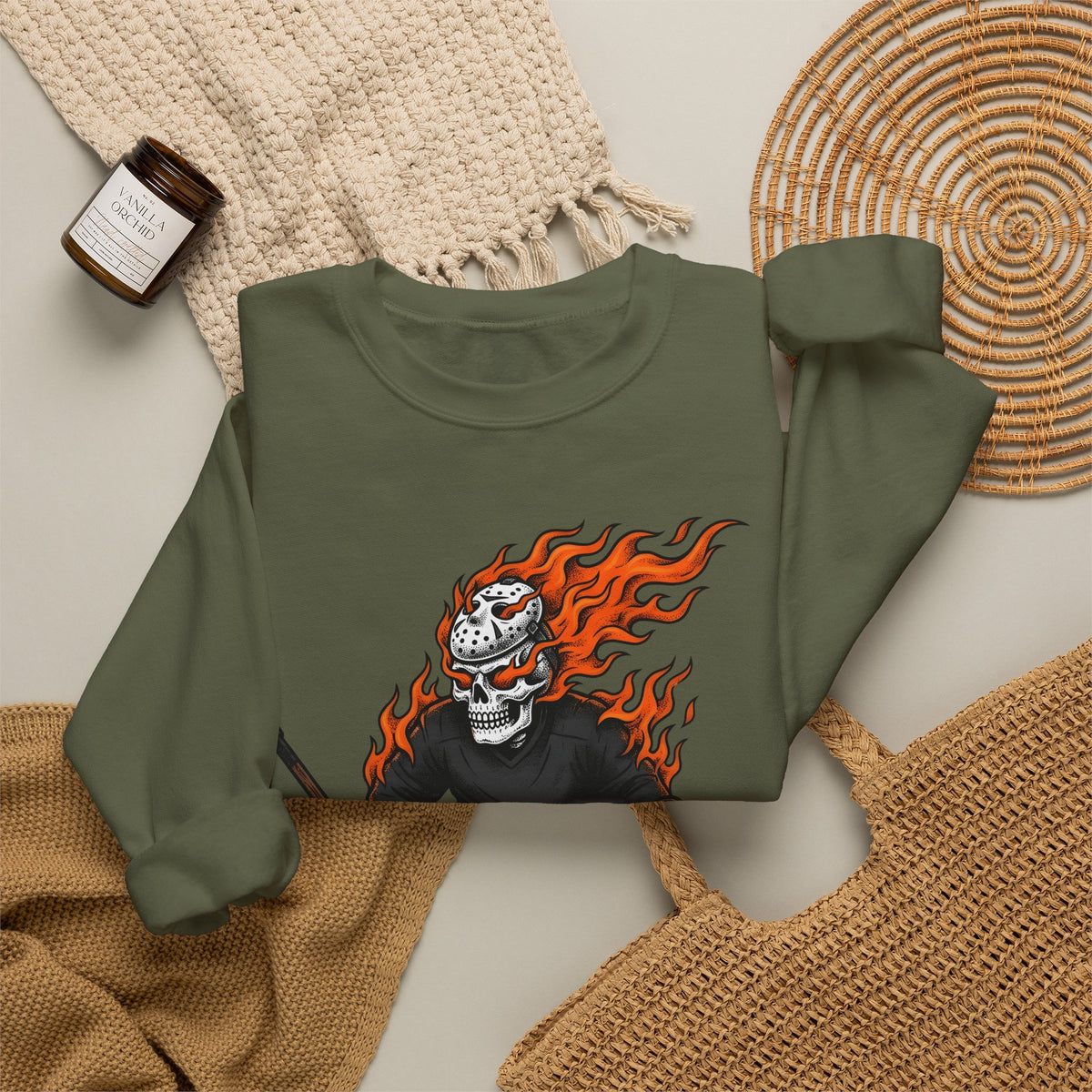 Burning Hockey Goalie Sweatshirt Hockey Skeleton Gift Women Neo Traditional Sweatshirt Goalie Sweatshirt Hockey Fan Hockey Player Sweatshirt Bone Graphic Old