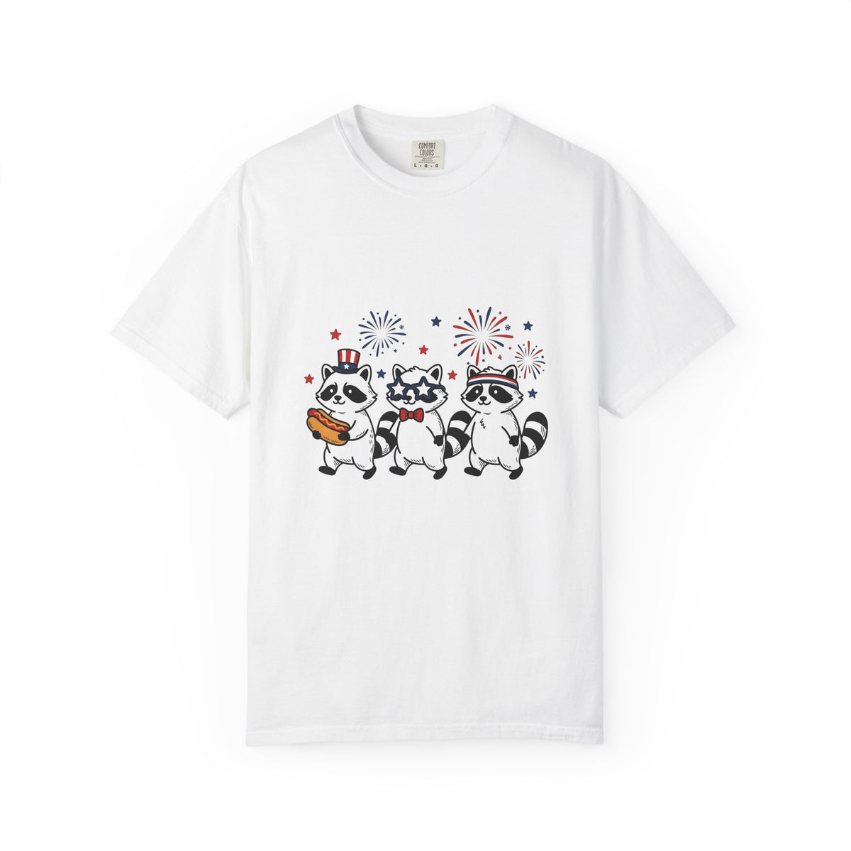 Raccoon Pack T-Shirt 4th Of July Fauna Gift Women Hand Drawn T-Shirt Trash Panda T-Shirt Independence Day Fan Illustrated T-Shirt Wildlife Graphic