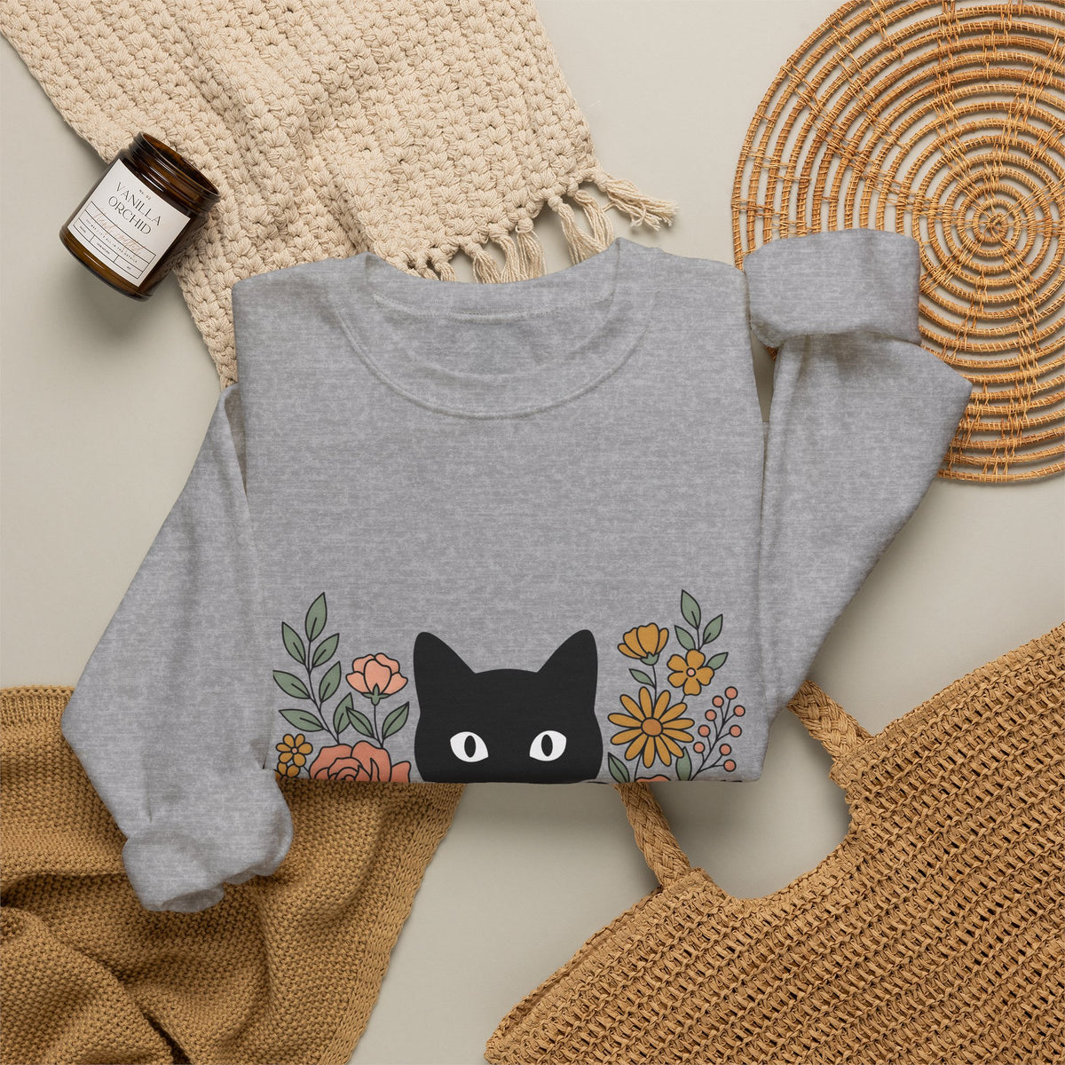 Black Cat Sweatshirt Halloween Garden Gift Women Print Art Sweatshirt Cat Sweatshirt Horror Fan Graphic Sweatshirt Yard Graphic Classic Flower Arrangement