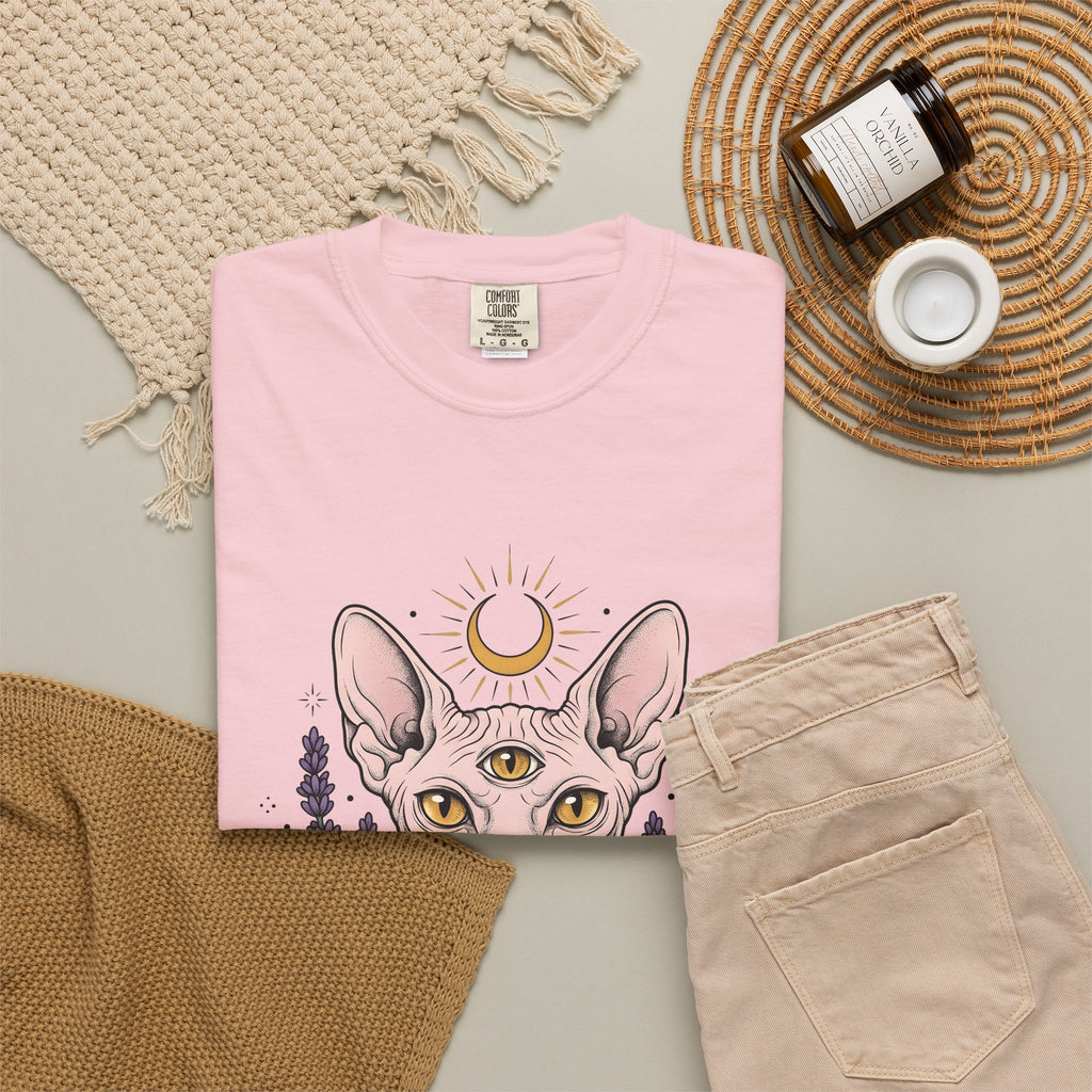 Sphynx Cat T-Shirt Boho Chic Metaphysical Gift Women Line Art T-Shirt Hairless Cat T-Shirt Bohemian Fan Minimalist T-Shirt Spiritual Graphic Folk