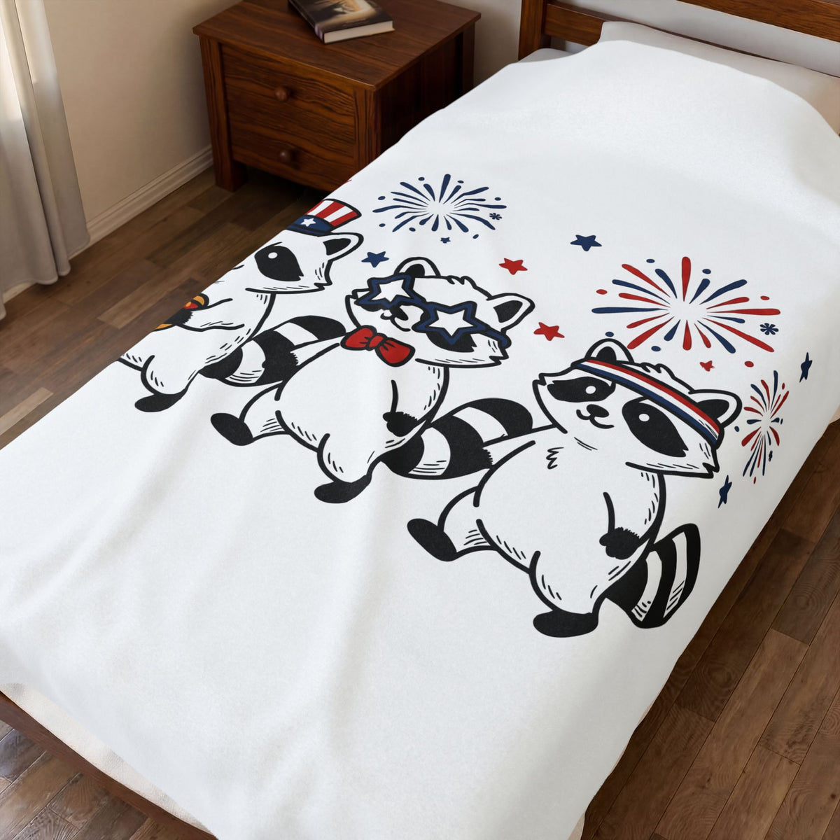 Raccoon Pack Blanket 4th Of July Fauna Gift Women Hand Drawn Blanket Trash Panda Blanket Independence Day Fan Illustrated Blanket Wildlife Graphic