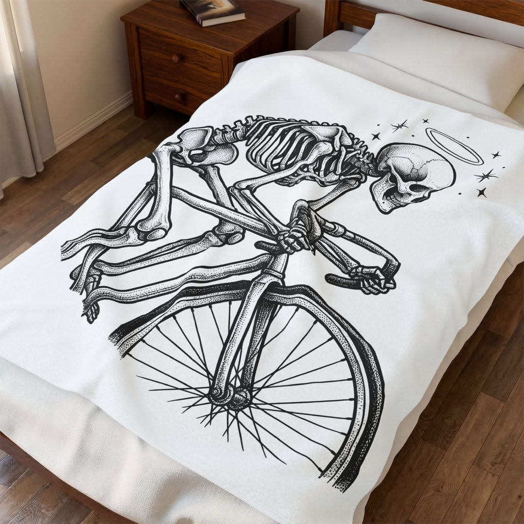 Skeleton Bicycle Blanket Cycling Gothic Gift Women Tattoo Style Blanket Bike Blanket Cyclist Enthusiast Ink Blanket Dark Graphic Vintage Halo