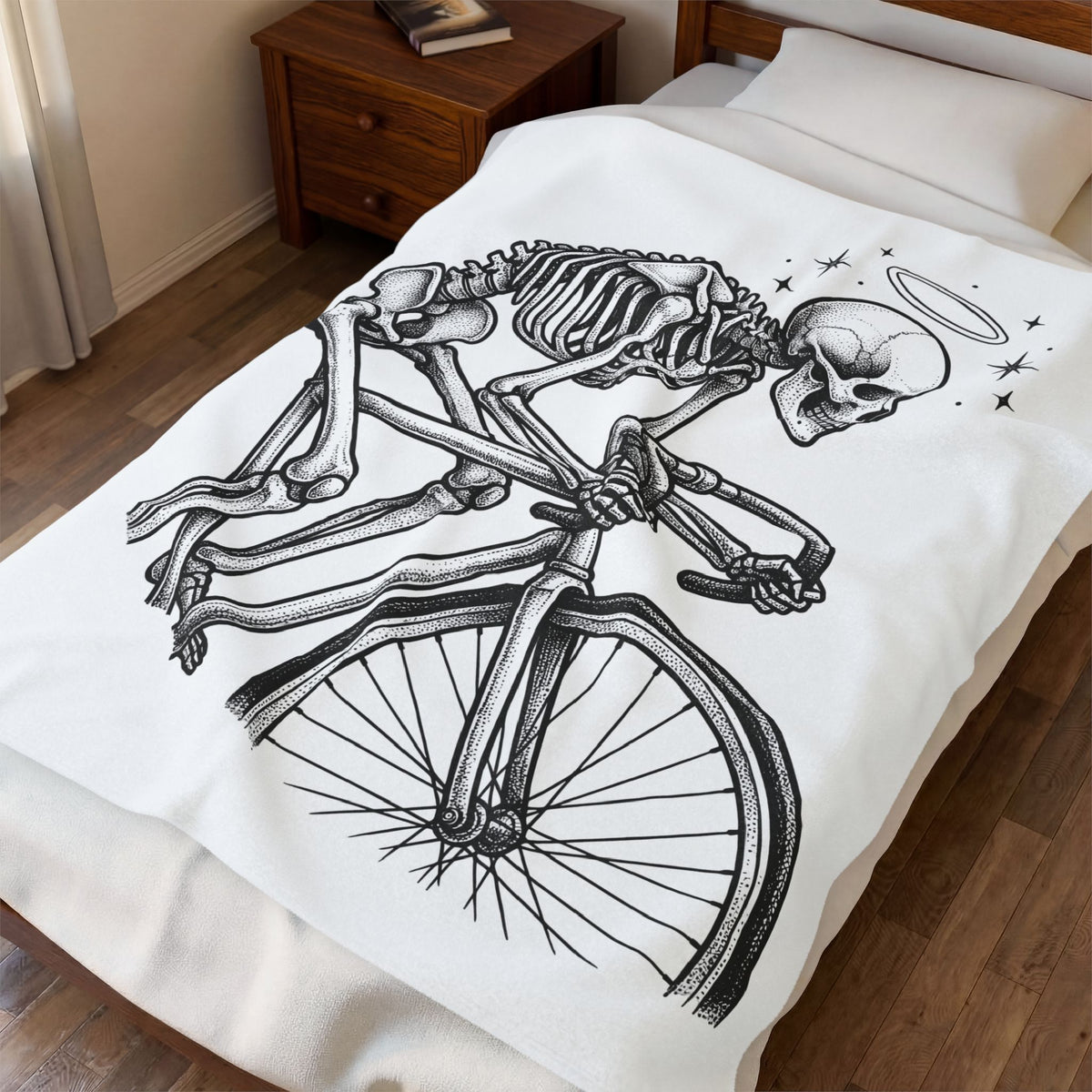 Skeleton Bicycle Blanket Cycling Gothic Gift Women Tattoo Style Blanket Bike Blanket Cyclist Enthusiast Ink Blanket Dark Graphic Vintage Halo