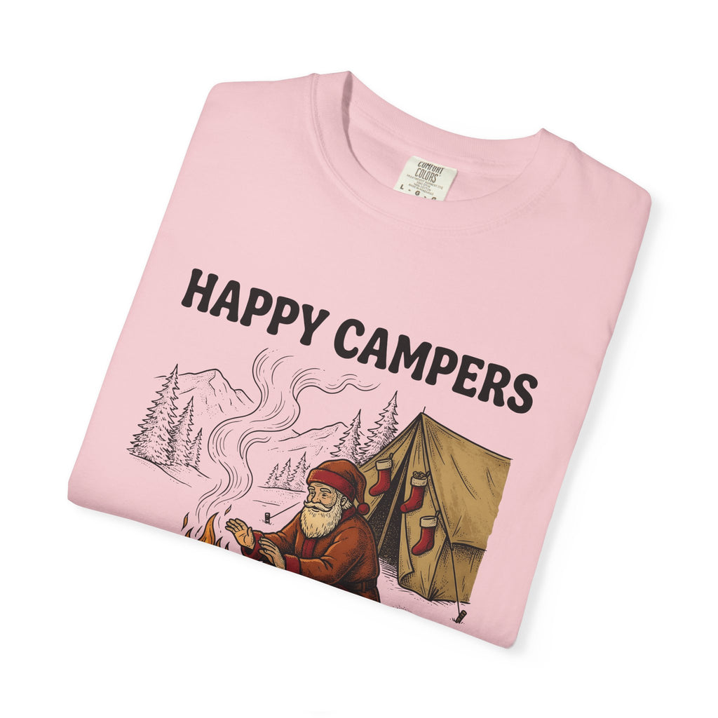 Santa Campfire T-Shirt Christmas Hiking Gift Women Rustic T-Shirt Krampus T-Shirt Xmas Fan Holiday Trek Graphic T-Shirt Line Art Camping Tent